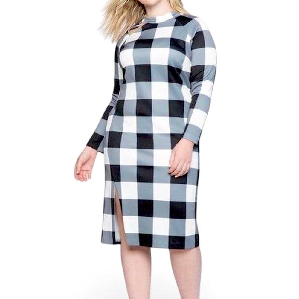 NWT Eloquii Size 20w Checkered Long Sleeve Dress - Black, White, and Gray